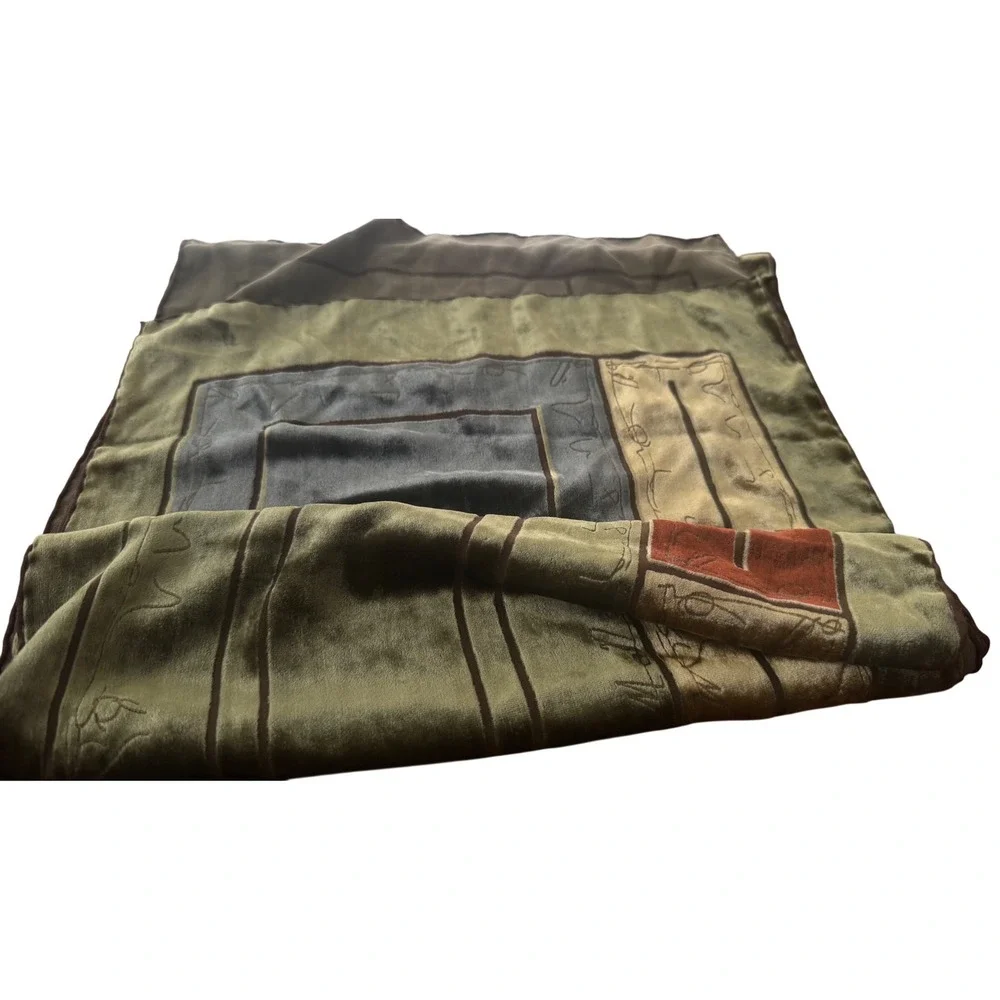 Cocoon House Silk Blend Burnout Velvet Scarf Olive Geometric Handmade EUC 13x60